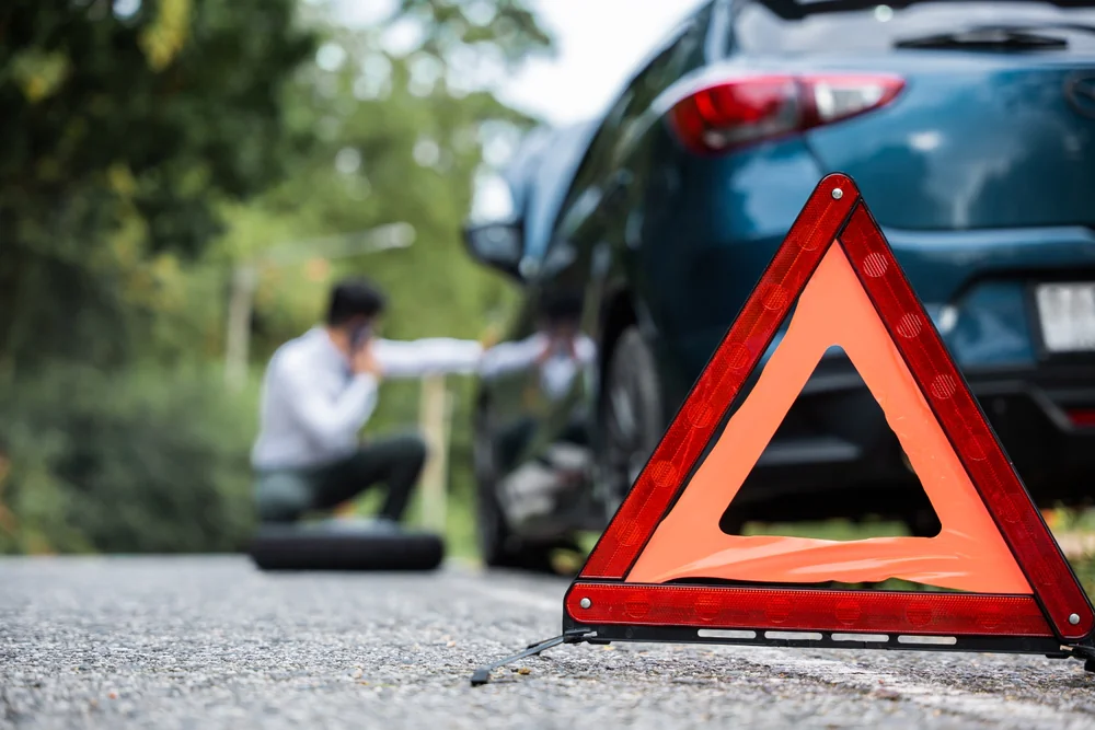 A red warning triangle is placed on the road near a car with a flat tire. In the background, a person kneels by the car while talking on the phone, possibly seeking help. Trees line the roadside.