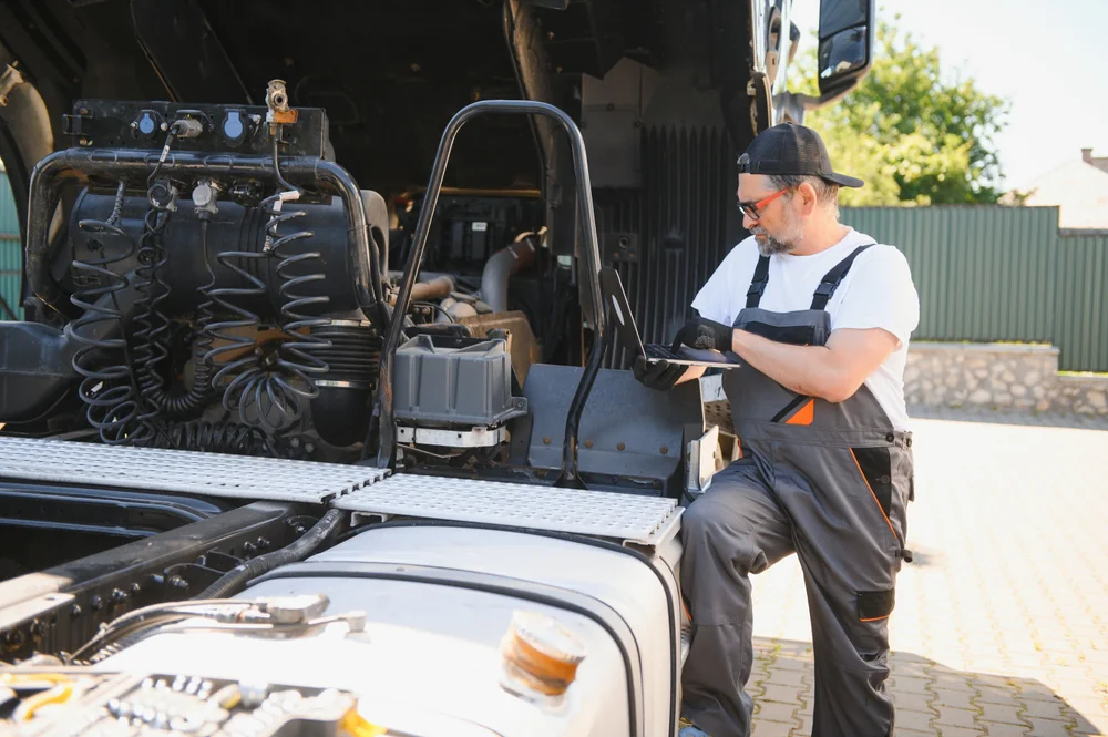 A mechanic in overalls and a cap inspects a large truck engine outdoors on a sunny day, using a tablet for reference.