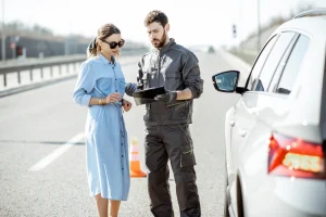 A woman in a blue dress stands by a car on the roadside while a mechanic in work clothes and gloves shows her a clipboard, with traffic cones visible in the background.