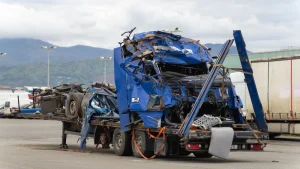 A heavily damaged blue truck with a collapsed cab and trailer, transporting crushed metal debris, sits parked in an industrial area with mountains and cloudy skies in the background.